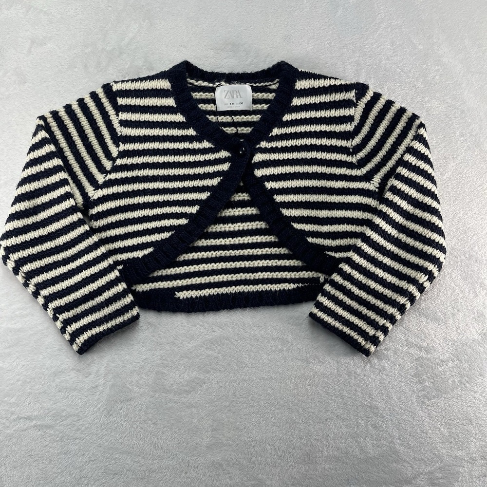 ZARA Knit Cardigan Girls 8-9Y Striped Cozy Fall Cabin Button Front Navy Cream